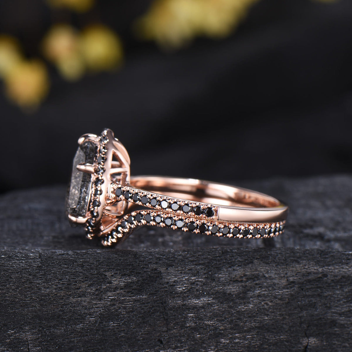 Unique Pear Black Rutilated Quartz Ring Set Midnight Crescent Rose Gold