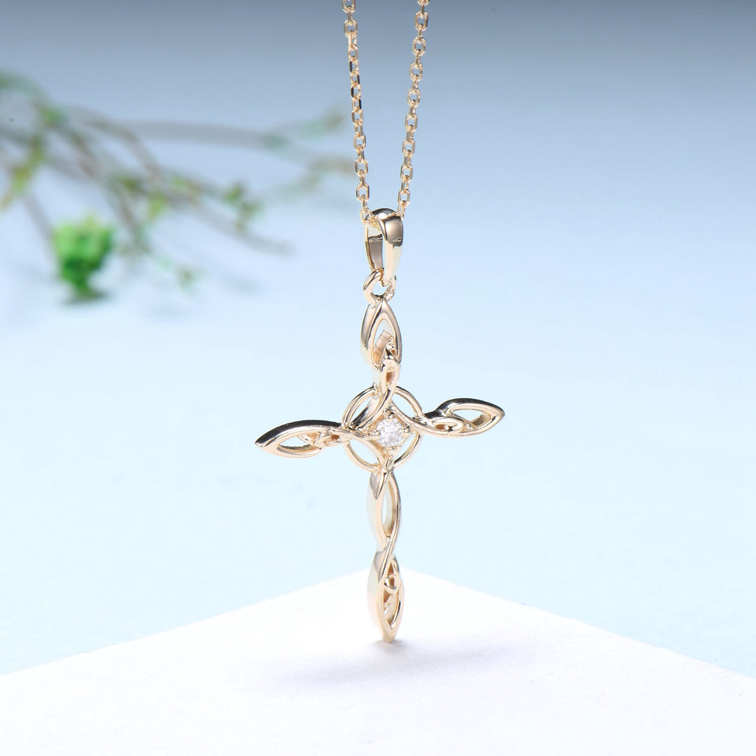 Cross Pendant Necklace Silver yellow Gold Necklace Moissanite Retro Vintage Cross Norse Viking Pendant Angle Anniversary gift for women - PENFINE