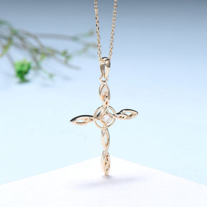 Cross Pendant Necklace Silver yellow Gold Necklace Moissanite Retro Vintage Cross Norse Viking Pendant Angle Anniversary gift for women - PENFINE