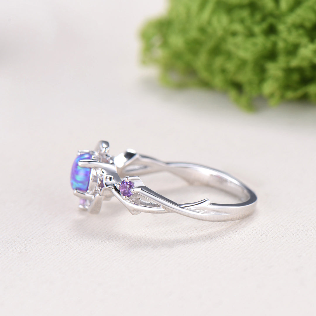 Dainty star purple opal ring 5mm round fire opal moon engagement ring elegant art deco wedding ring for women unique handmade proposal gift - PENFINE