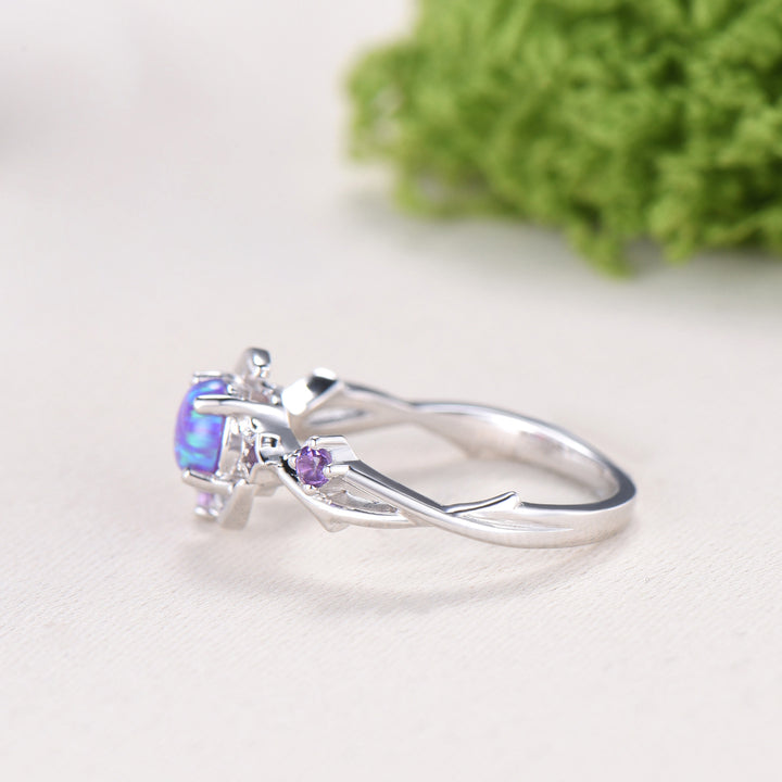 Dainty star purple opal ring 5mm round fire opal moon engagement ring elegant art deco wedding ring for women unique handmade proposal gift - PENFINE