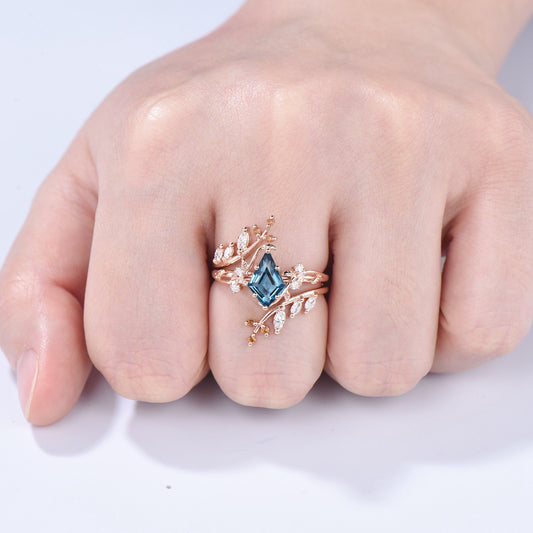 Unique gothic kite cut London blue topaz engagement ring set cluster diamond engagement ring leaf vine nature inspired citrine wedding set - PENFINE