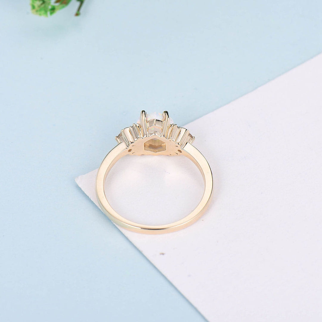 Vintage Moon Opal Engagement Ring Yellow Gold Unique Hexagon Fire Opal Promise Ring For Women Art Deco Cluster Monnstone Wedding Ring Gift - PENFINE