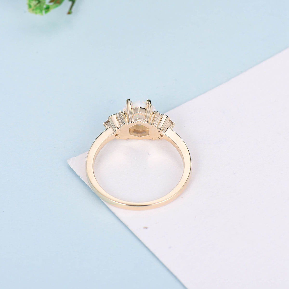 Vintage Moon Opal Engagement Ring Yellow Gold Unique Hexagon Fire Opal Promise Ring For Women Art Deco Cluster Monnstone Wedding Ring Gift - PENFINE