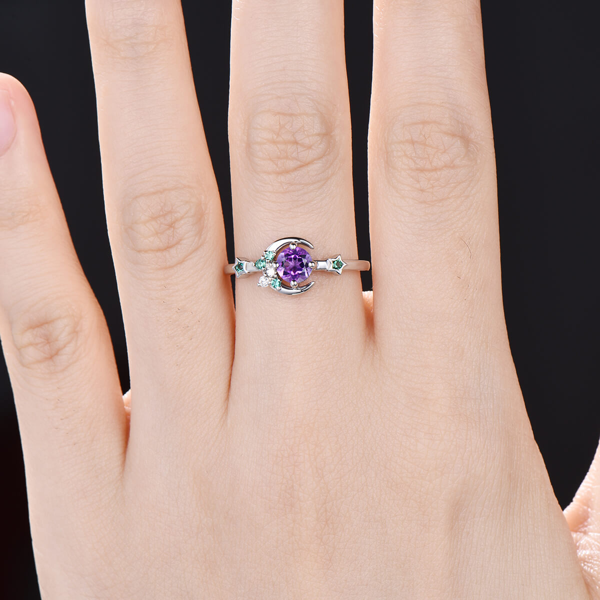 Vintage Crescent moon Amethyst Ring For Women Unique Cluster Star Galaxy Emerald moissanite wedding ring celestial anniversary gift for her - PENFINE