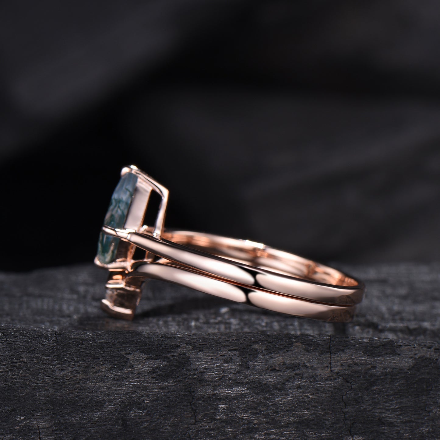 Vintage unique kite shaped green moss agate engagement ring set rose gold silver dainty princess cut moissanite bridal ring set for women