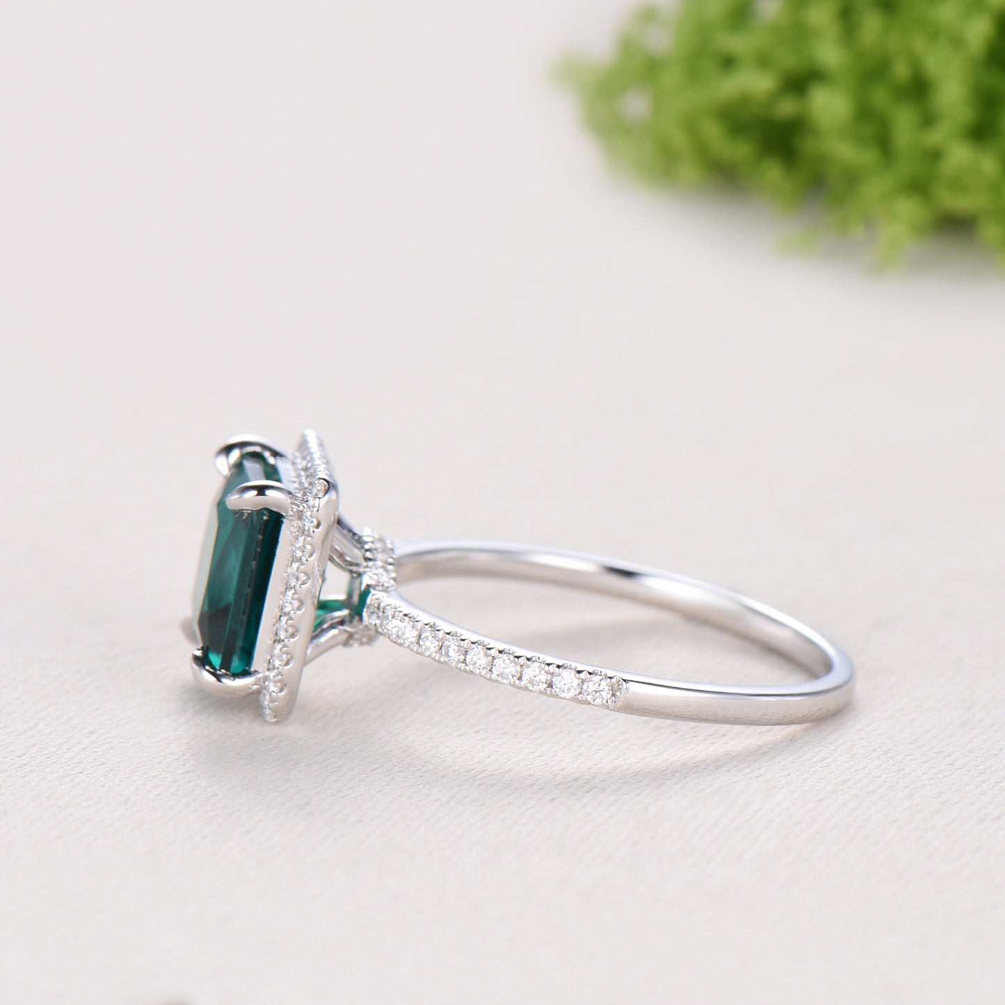 2.5 Carat Princess Cut  Emerald Halo Diamond Engagement Ring 14k White Gold Retro Basket Setting Wedding Bridal Set May Birthstone