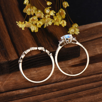 Vintage Moonstone Engagement Ring Set: 14K Gold, Amethyst Bridal Band