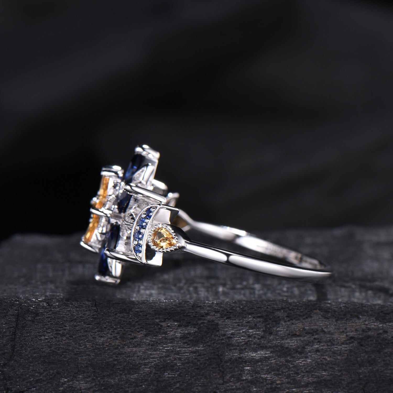 Celestial Sun and Moon Engagement Ring | Sapphire & Citrine Floral Mandala - PENFINE