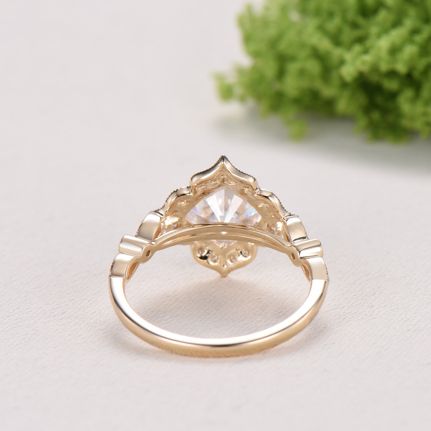 Art Deco Cushion Cut Moissanite Engagement Ring, 14K Yellow Gold Milgrain Marqusie Diamond Band - PENFINE