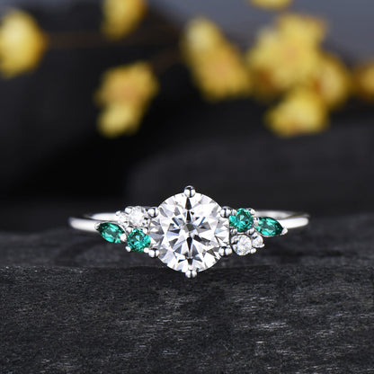Unique 1CT Brilliant Moissanite Wedding Ring Set, Snowdrift Moissanite Emerald Engagement Ring Set