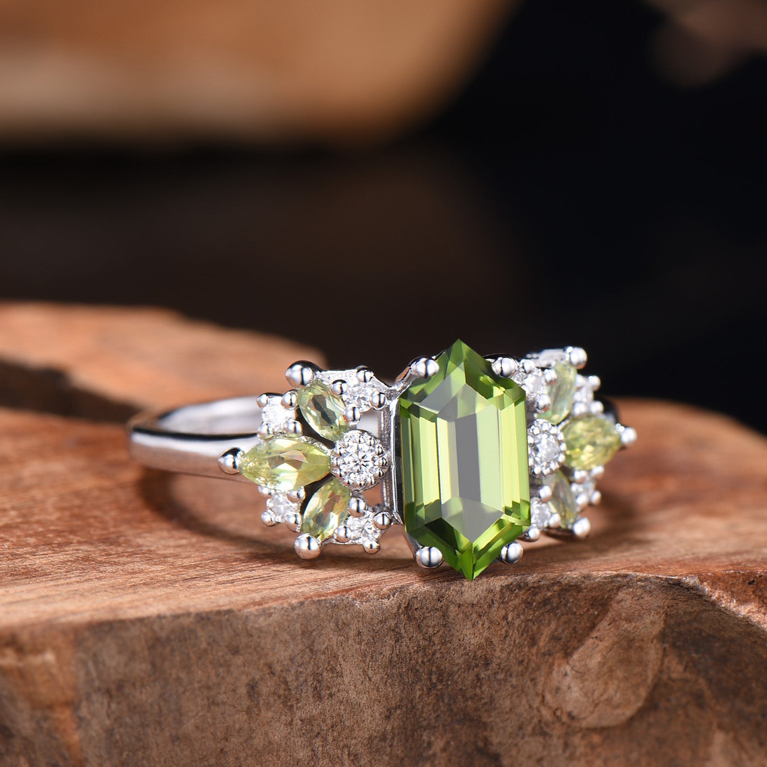 Vintage Art Deco Peridot Engagement Ring, Marquise Moissanite Accent