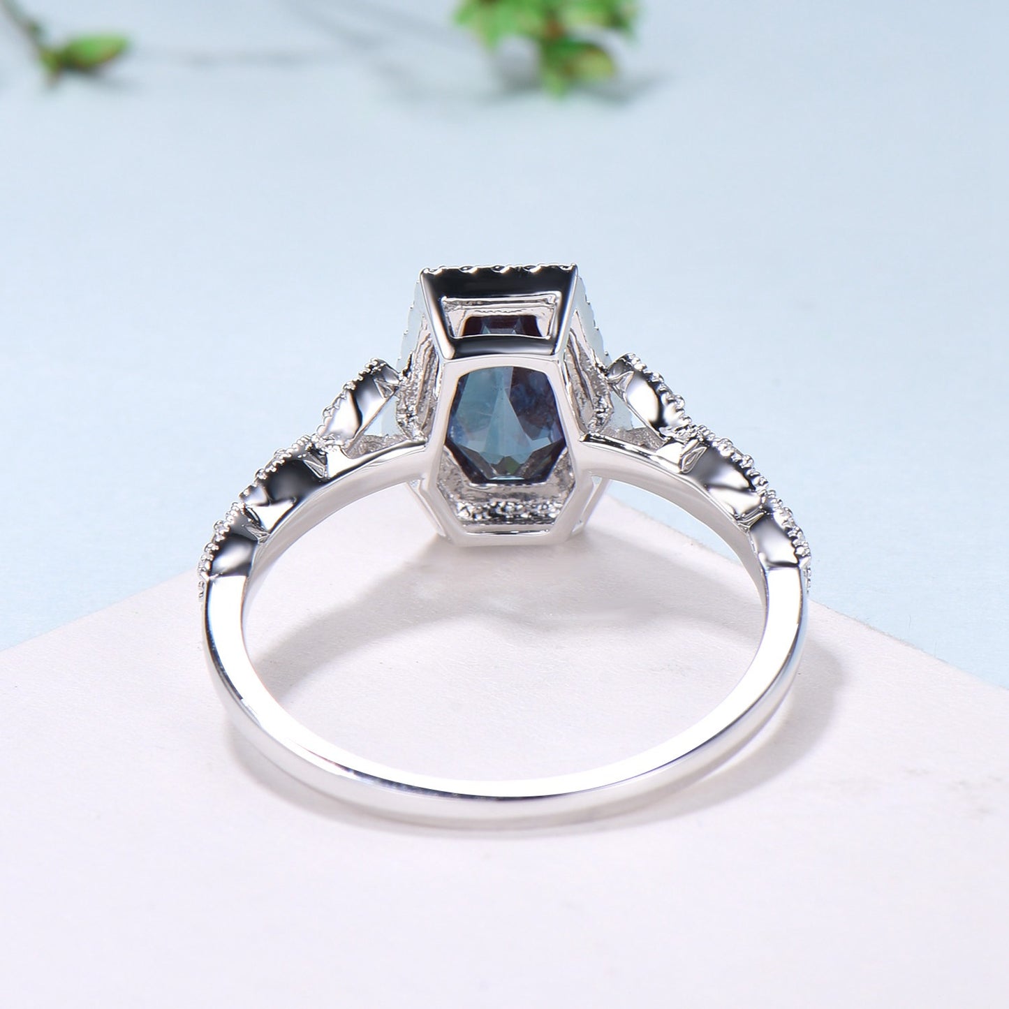 Unique Coffin shaped Alexandrite engagement ring Halo Black diamond retro wedding ring Gothic Limited  Color Change split shank promise Ring - PENFINE