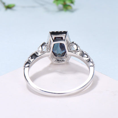 Unique Coffin shaped Alexandrite engagement ring Halo Black diamond retro wedding ring Gothic Limited  Color Change split shank promise Ring - PENFINE