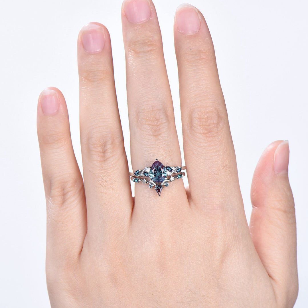 Nebula Teardrop Fireworks Cut Alexandrite Crown Engagement Ring Set: Moon Star Stacking Band - PENFINE