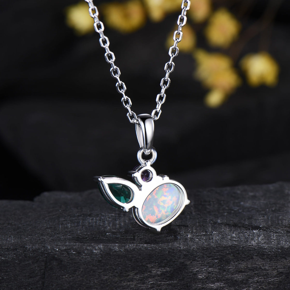 Minimalist Oval Opal Amethyst Emerald Pendant,Three Stone Drop Necklace