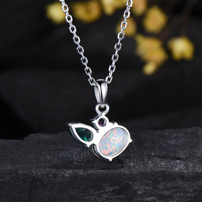 Minimalist Oval Opal Amethyst Emerald Pendant,Three Stone Drop Necklace