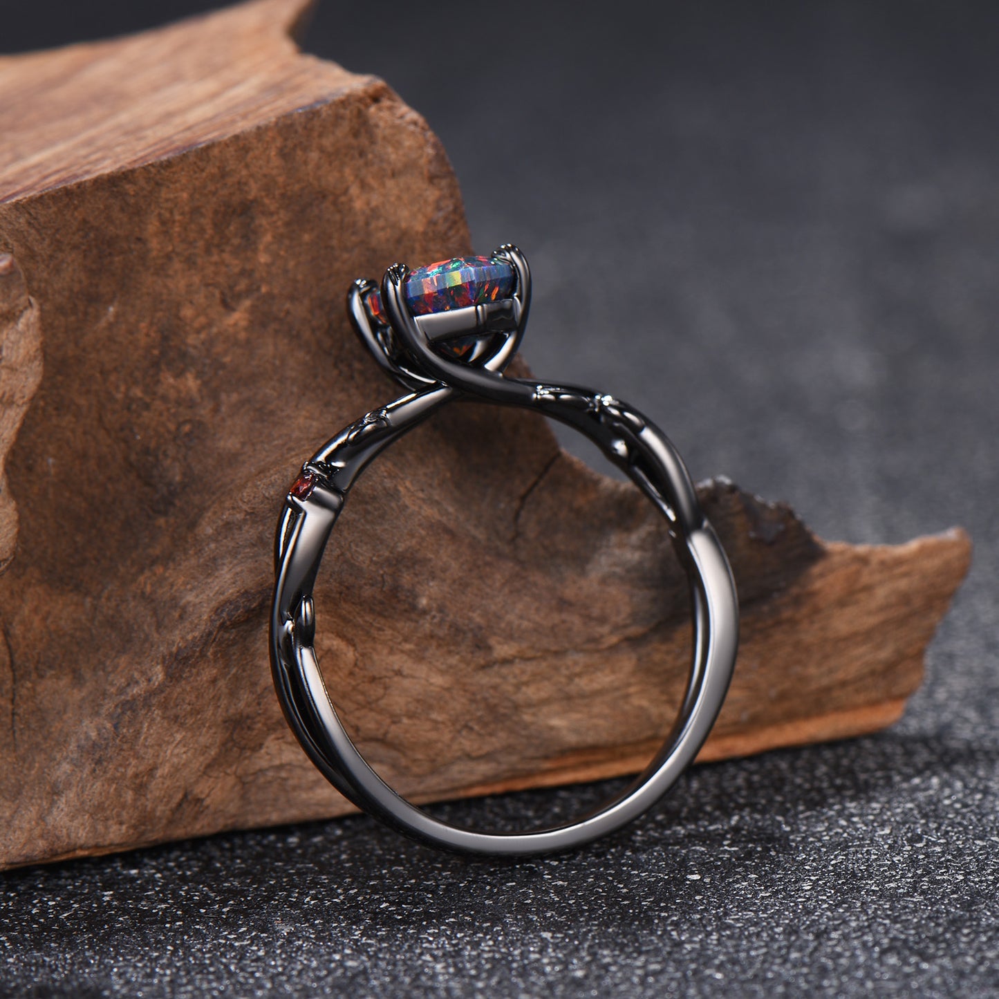 Long Hexagon Black Opal Engagement Ring Gothic Twig Vine Leaf Cluster Garnet Ring