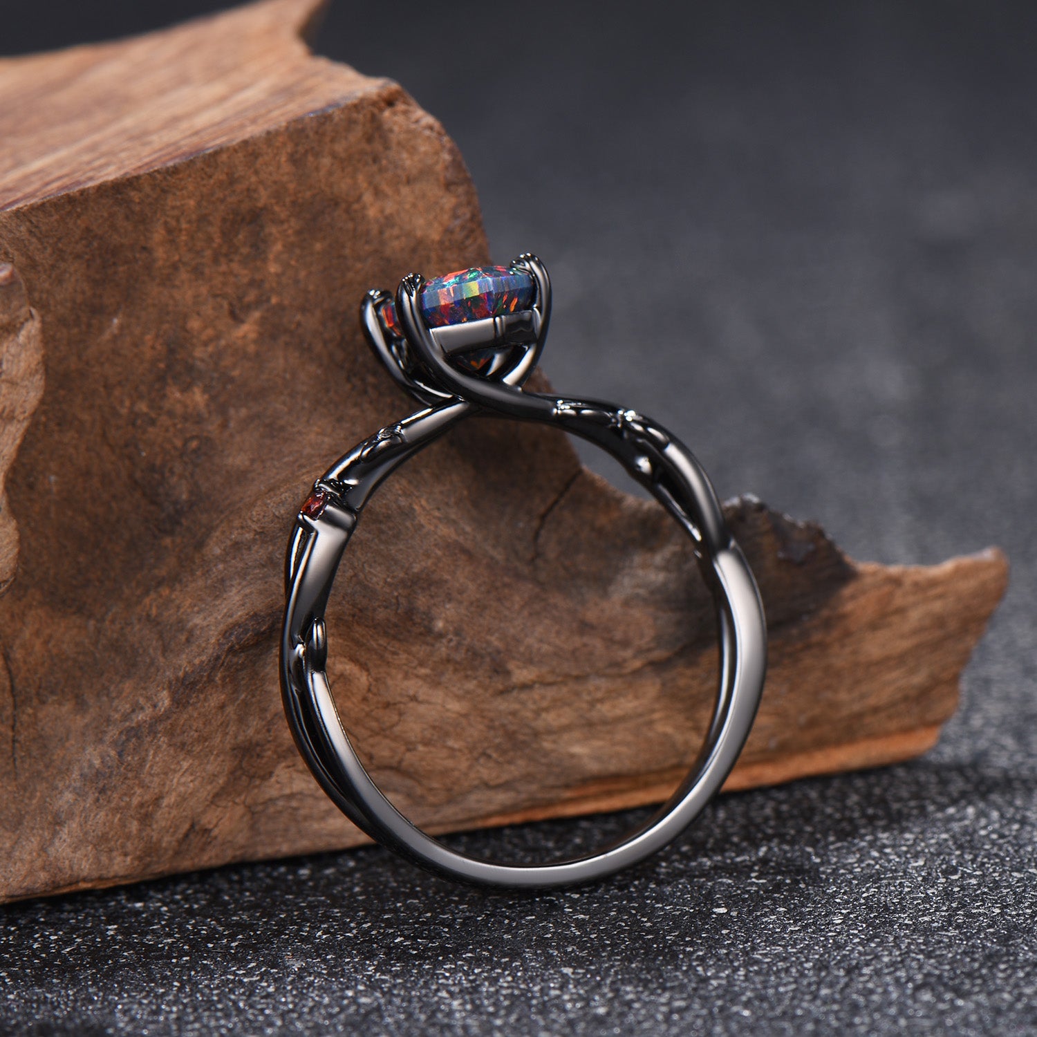 Long Hexagon Black Opal Engagement Ring Gothic Twig Vine Leaf Cluster Garnet Ring