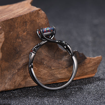 Long Hexagon Black Opal Engagement Ring Gothic Twig Vine Leaf Cluster Garnet Ring