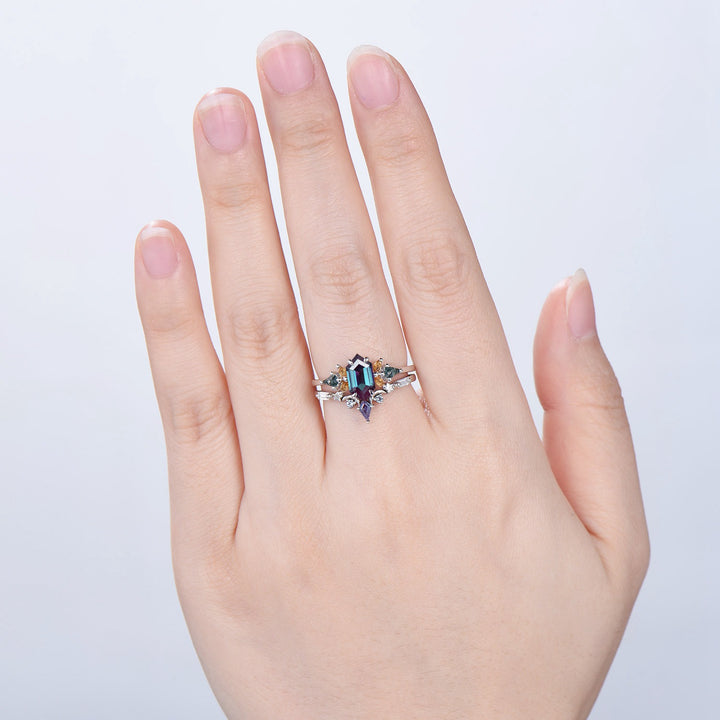 Vintage Elongated Hexagon Alexandrite Bridal Set with Citrine Moss Agate Cluster - PENFINE