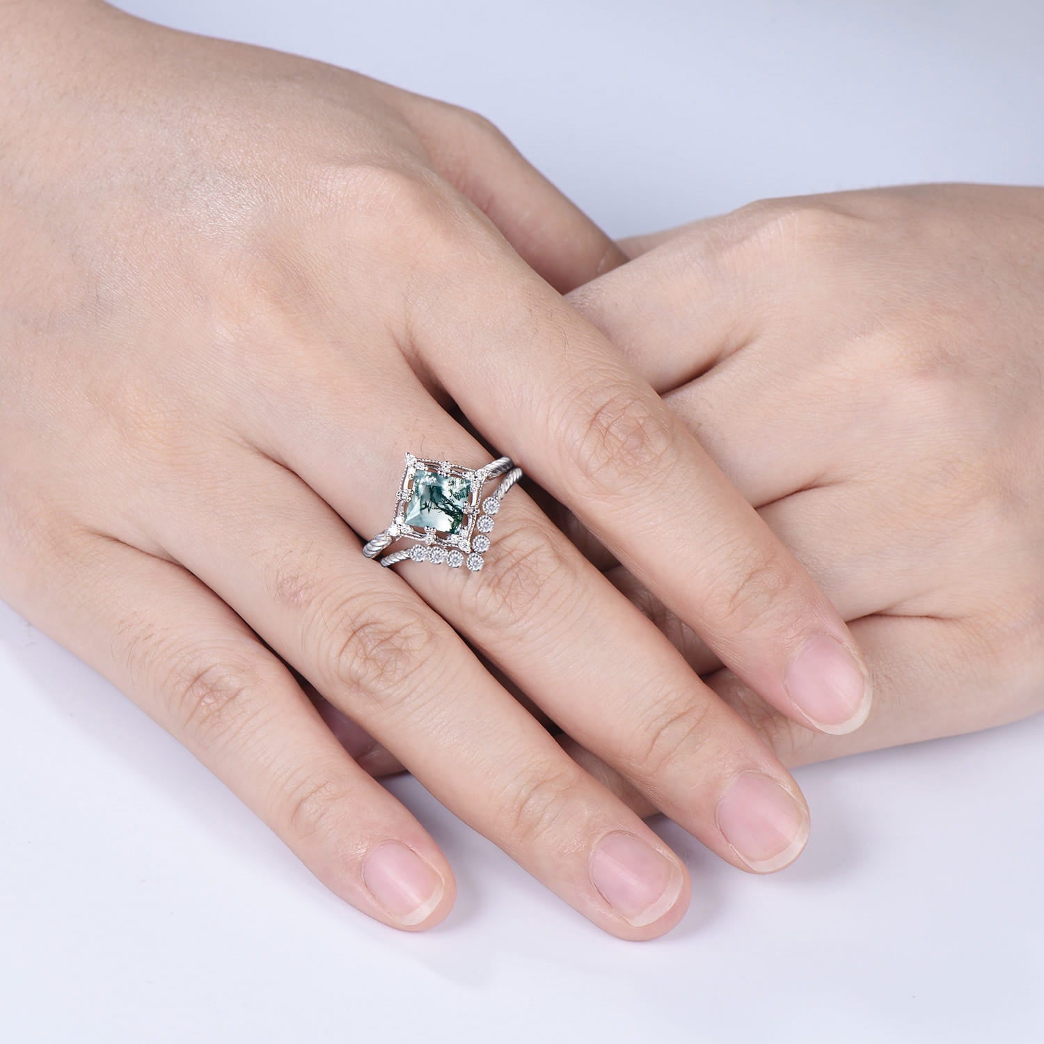 Princess Cut Natural Moss Agate Bridal Ring Set Diamond Twisted  Engagement Ring