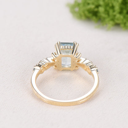 Retro Emerald Cut Aquamarine Ring Vintage Aquamarine Engagement Ring unique 8 prong blue topaz wedding Band Ring Anniversary Gift For Women