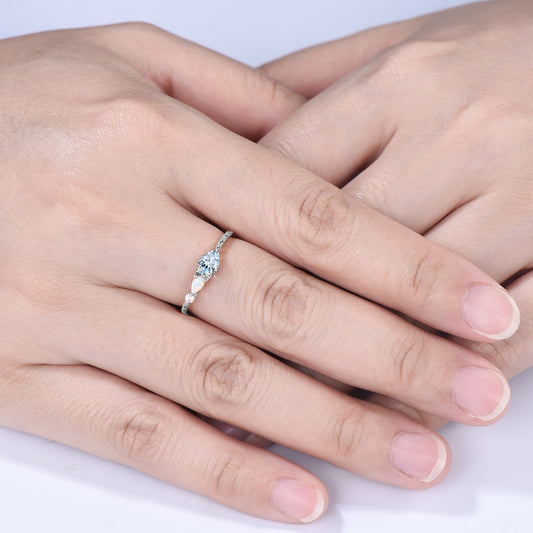 Pear Aquamarine Opal Toi et Moi Ring, Twisted Gold Band, Art Deco Engagement Birthstone