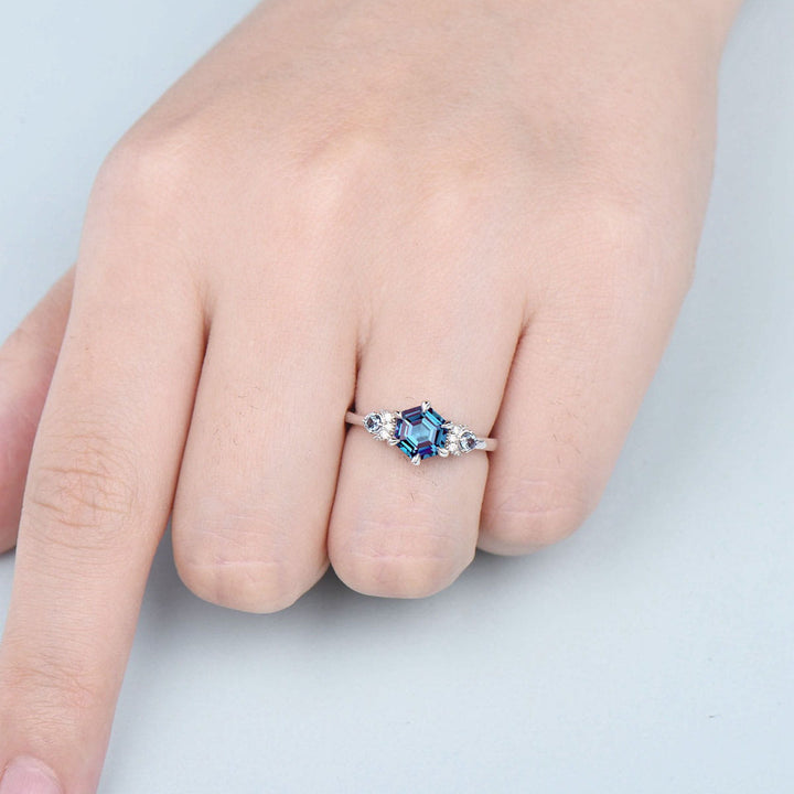 Unique hexagon alexandrite engagement ring Magic celestial moon color change engagement ring vintage crescent wedding ring gift for women - PENFINE