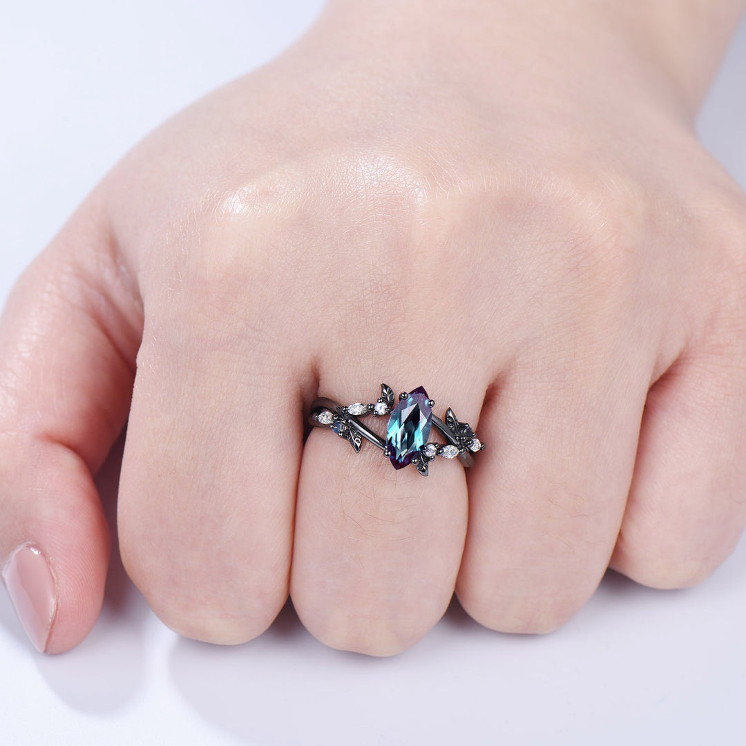 Unique Black Gold Alexandrite Ring Natural Inspired Gothic Marquise Cut Engagement Ring Leaves  Cluster Moonstone Split Shank Wedding Ring - PENFINE