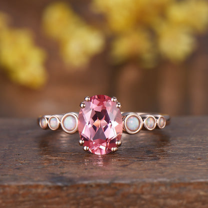 Oval Padparadscha Sapphire Ring with White Opal Band ¨C Engagement Bridal Ring