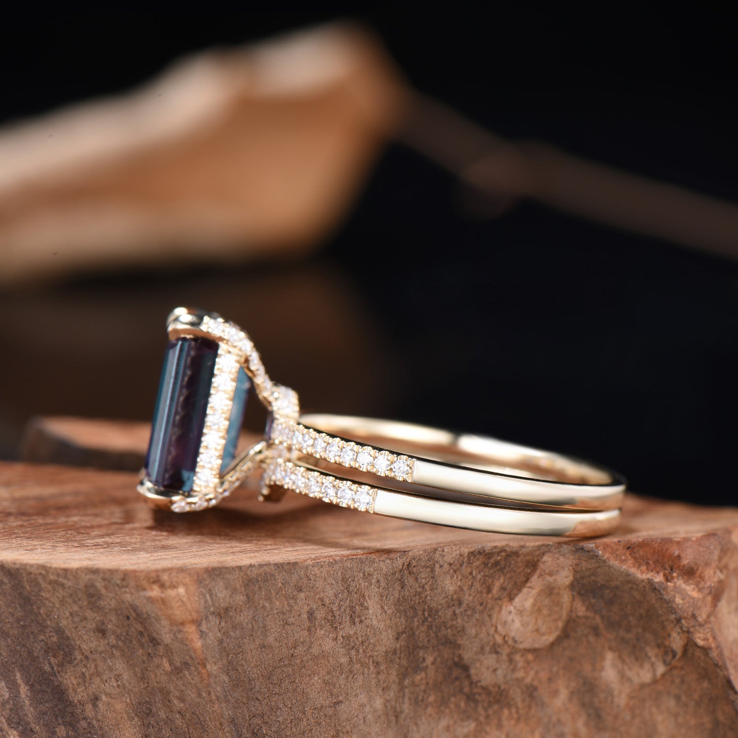 Hidden Halo Emerald Cut Alexandrite Engagement Ring Vintage 14K Rose Gold 6CT Alexandrite Diamond Wedding Ring Anniversary Gifts For Women - PENFINE