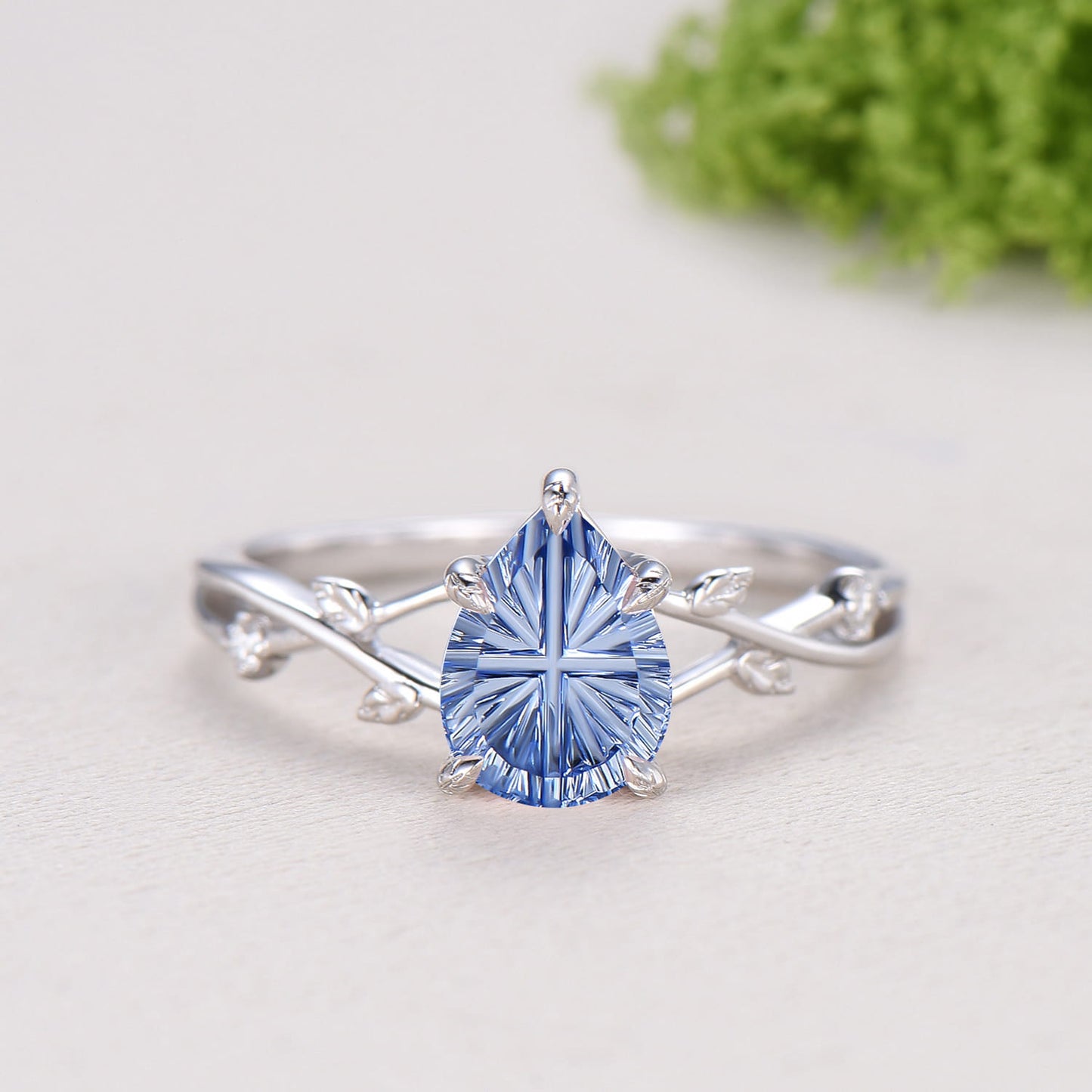 Cornflower Blue Lab Sapphire Engagement Ring Set | Pear Cut Starburst Twig Vine Wedding Set