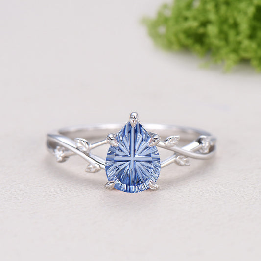 Cornflower Blue Lab Sapphire Engagement Ring Set | Pear Cut Starburst Twig Vine Wedding Set