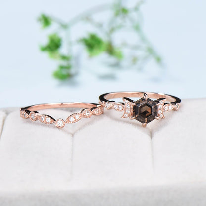 Vintage Smoky Quartz Engagement Ring Set Hexagon Brown Quartz Wedding Ring Set 14K Solid Gold Ring,Unique Women Moissanite Promise Ring - PENFINE