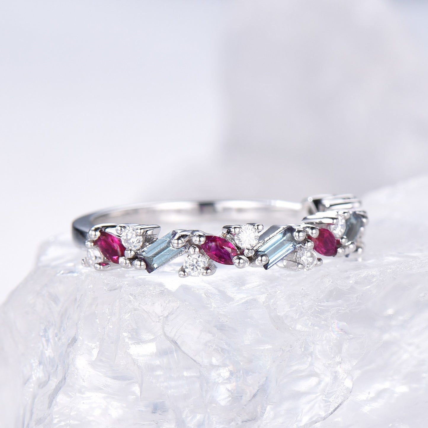 Vintage Alexandrite Ruby Eternity Wedding Band Women Unique Baguette Alexandrite Stackable Ring Marquise Ruby Matching Band Anniversary Gift - PENFINE