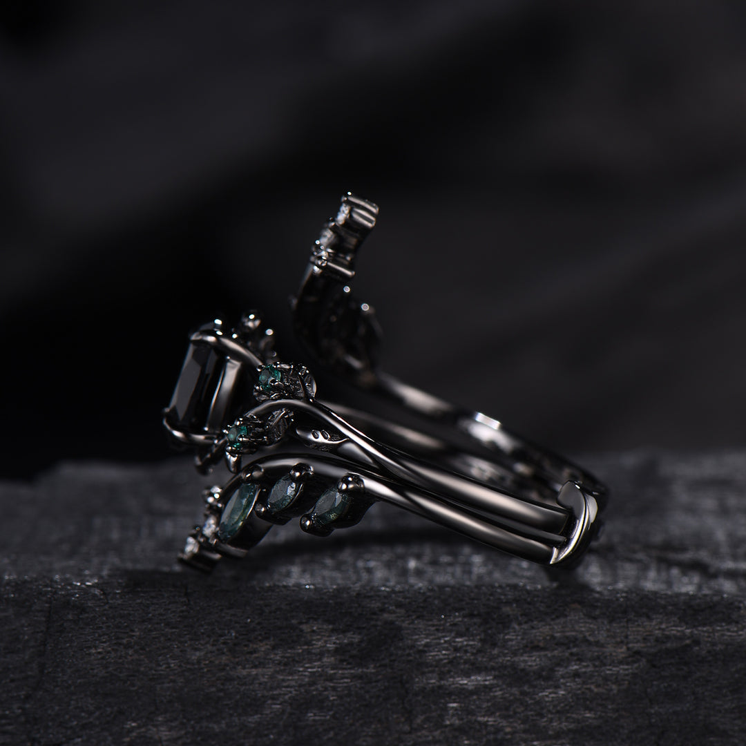 Unique gothic black gold onyx engagement ring set leaf nature inspired emerald wedding ring set twig vine marquise moss agate bridal set