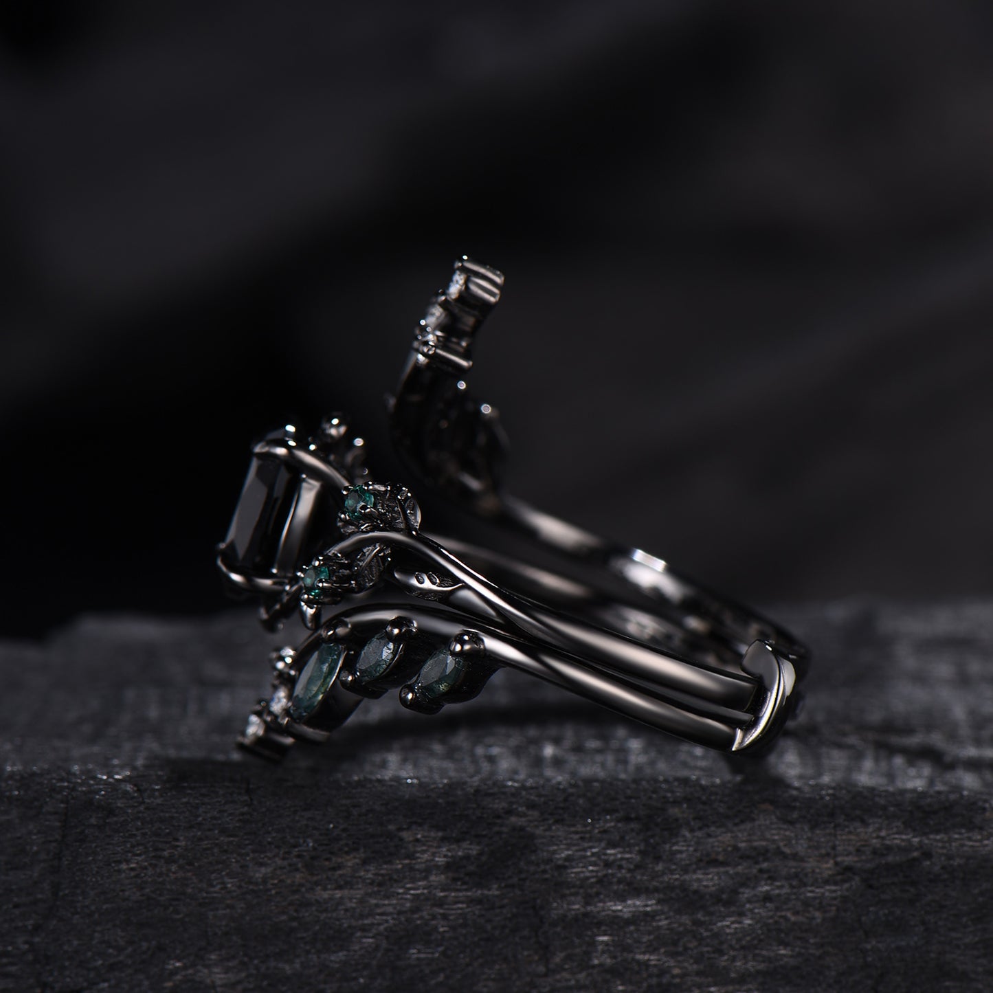 Unique gothic black gold onyx engagement ring set leaf nature inspired emerald wedding ring set twig vine marquise moss agate bridal set