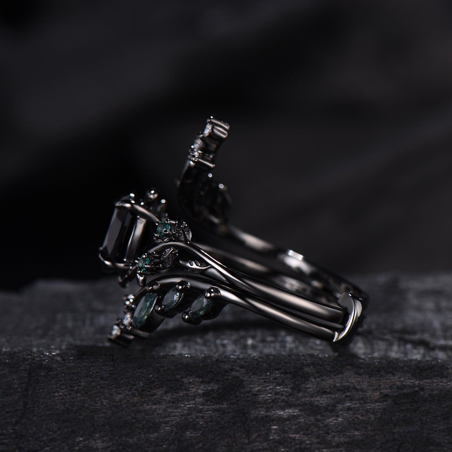 Unique gothic black gold onyx engagement ring set leaf nature inspired emerald wedding ring set twig vine marquise moss agate bridal set