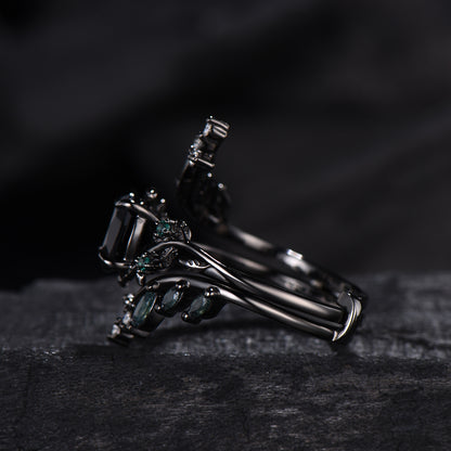 Unique gothic black gold onyx engagement ring set leaf nature inspired emerald wedding ring set twig vine marquise moss agate bridal set