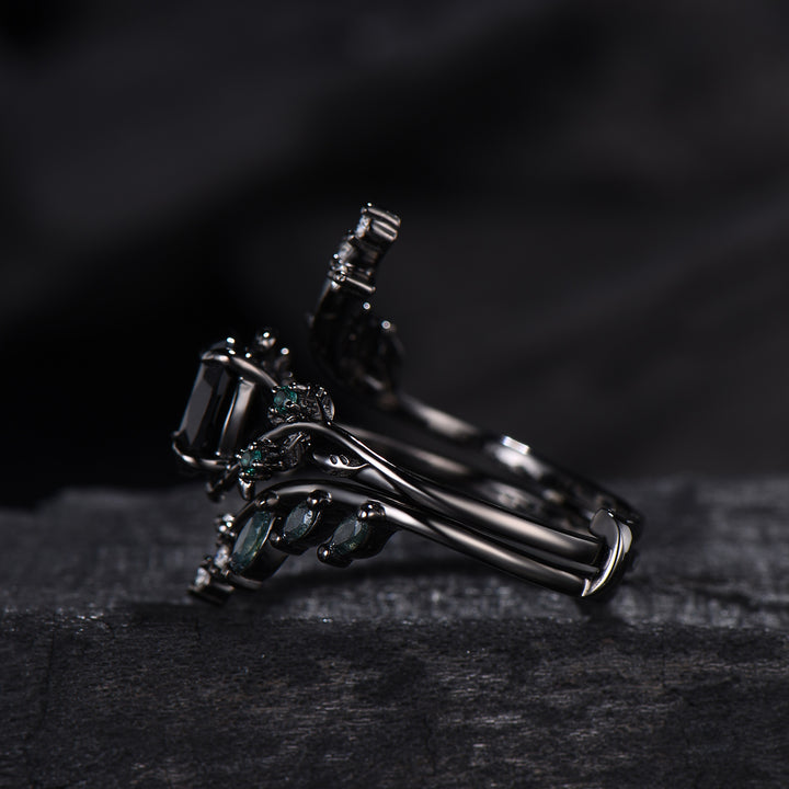 Unique gothic black gold onyx engagement ring set leaf nature inspired emerald wedding ring set twig vine marquise moss agate bridal set