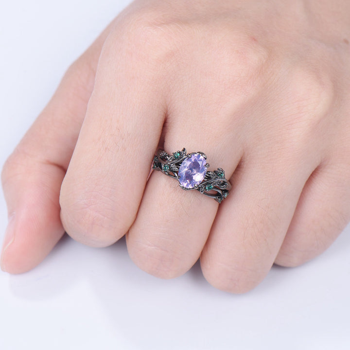 Gothic Oval Lavender Amethyst & Emerald Engagement Ring in Black Gold - Nature Inspired Elvish Vine Band - PENFINE