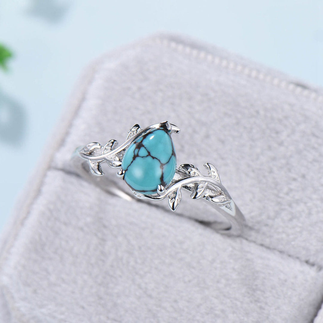 Teardrop Turquoise Ring White Gold Natural Inspired Leaf Turquoise Engagement Ring Branch Gold Wedding Ring for Women Twig Promise Ring - PENFINE