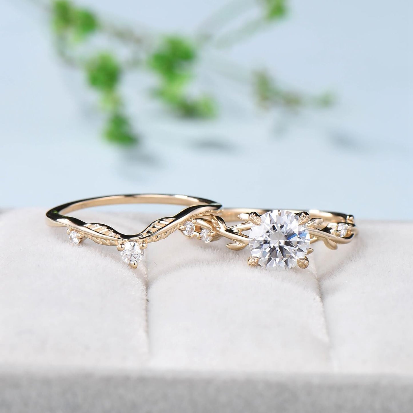 1CT Round Brilliant Moissanite Engagement Ring Set  Nature Inspired Branch Twig Moissanite Wedding Set Unique Leaf anniversary promise ring - PENFINE