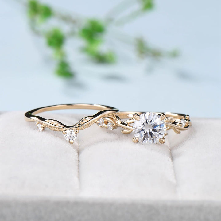 1CT Round Brilliant Moissanite Engagement Ring Set  Nature Inspired Branch Twig Moissanite Wedding Set Unique Leaf anniversary promise ring - PENFINE