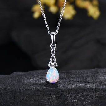 5x7mm Teardrop White Opal Pendant Necklace Vintage Unique Fire Opal Pendant Norse Viking Opal Necklace For Women Birthday Gift