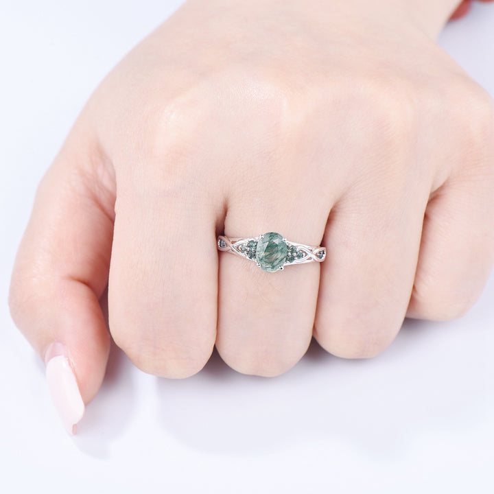 Celtic Knot Oval Natural Moss Agate Engagement Ring Solid 14K/18K White Gold Unique Infinity Ring Cluster Wedding Ring Anniversary gifts - PENFINE