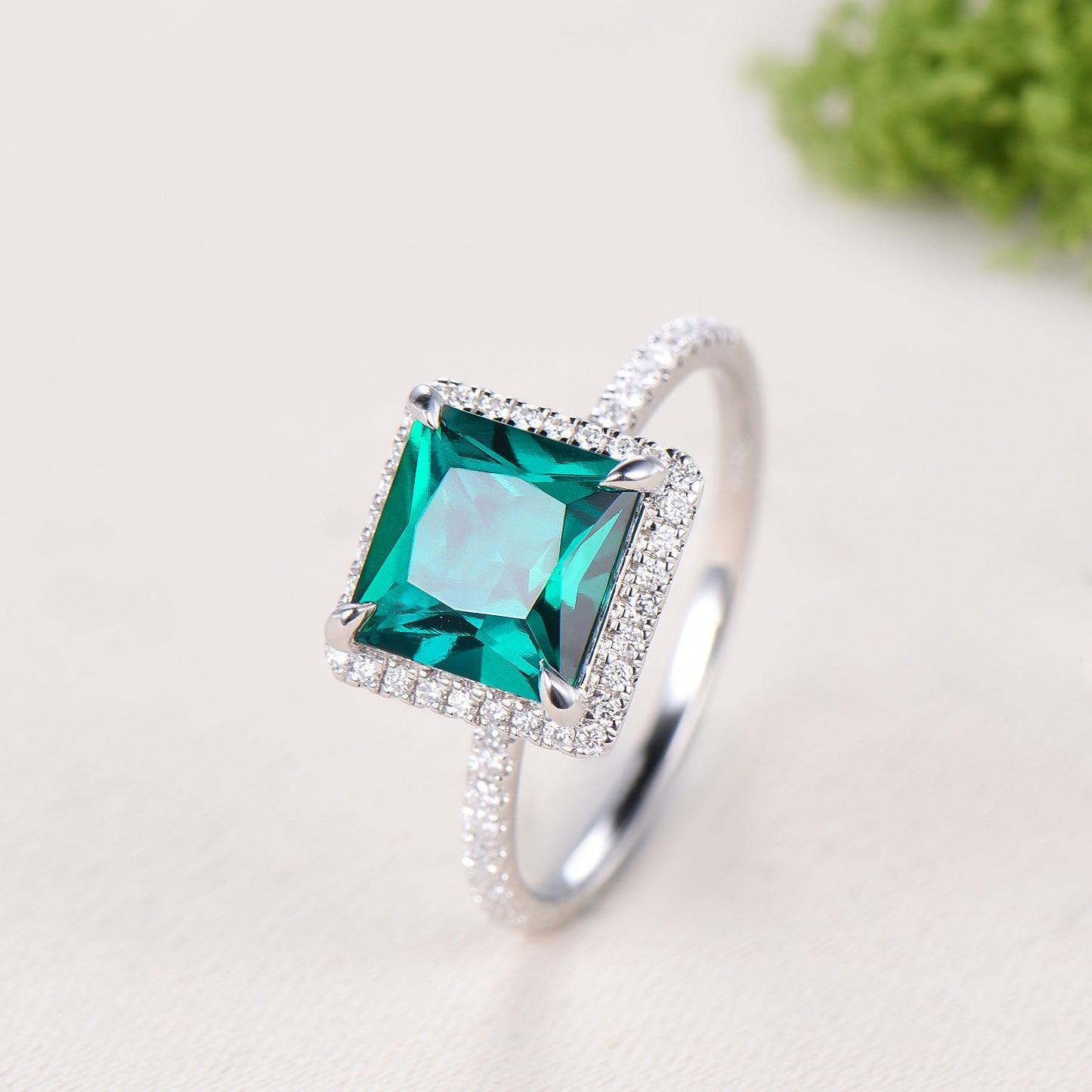 2.5 Carat Princess Cut  Emerald Halo Diamond Engagement Ring 14k White Gold Retro Basket Setting Wedding Bridal Set May Birthstone
