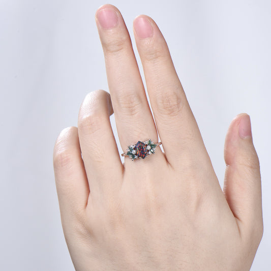 Vintage Art Deco Hexagon Cut Black Opal Engagement Ring, Moss Agate Accents