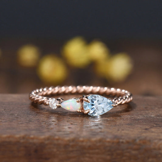 Pear Aquamarine Opal Toi et Moi Ring, Twisted Gold Band, Art Deco Engagement Birthstone